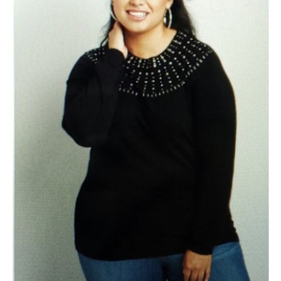 LANE BRYANT BLACK CREW NECK RHINESTONE EMBELLISHED NECKLINE SWEATER SZ 14/16 - Picture 5 of 7